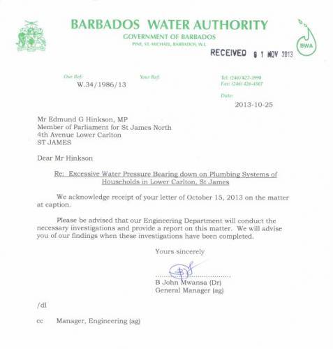 2013-10-25 Response from Barbados Water Authority