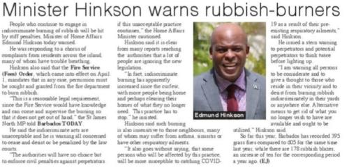Minister Hinkson warns rubbish burners